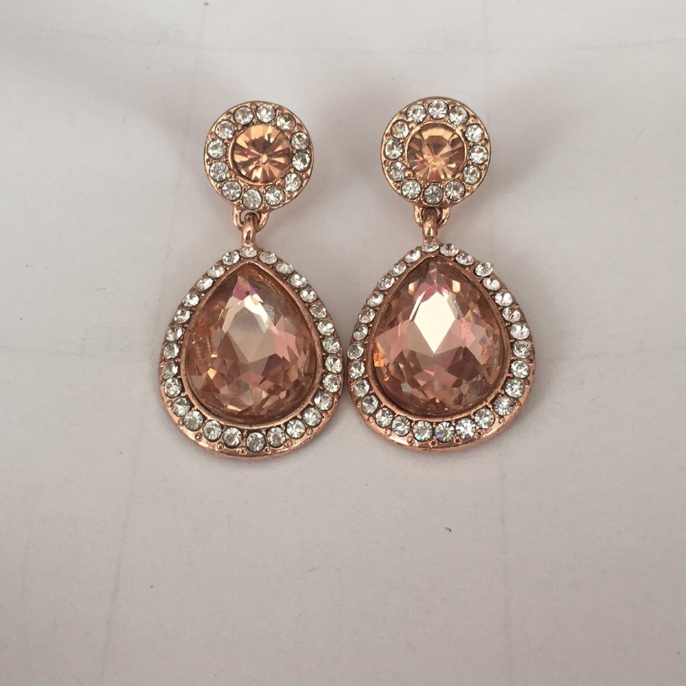 Peach and rose gold pave drop earrings